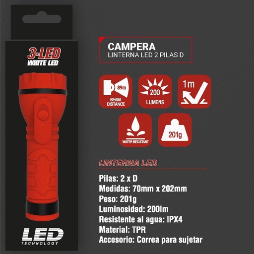 LINTERNA TRONEX 3 LED 200 LUMENES ENCAUCHETADO ROJO (PILA D) (TRL60LR20CA)