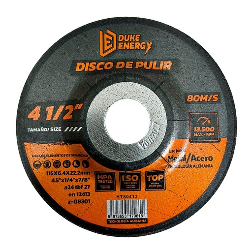 DISCO 4 1/2 X 1/4 X 7/8 PULIR METAL DUKE ENERGY TECNOLOGIA ALEMANA (HT80413)