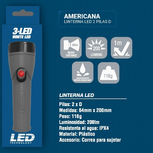 LINTERNA TRONEX AMERICANA 3 LED 200 LUMENES  PLASTICA GRIS (PILA D) (TRL65LR20PLGR