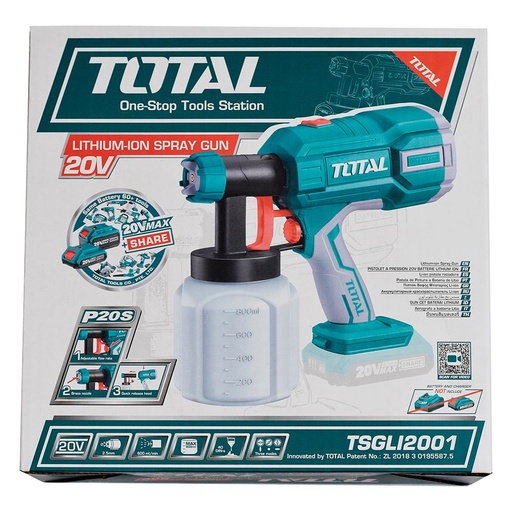 PISTOLA PINTAR INALAMBRICA 800ML 20V BATERIA Y CARGADOR NO INCLUIDO TOTAL (TSGLI2001)