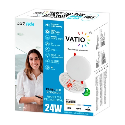 PANEL LED 24W REDONDO INCRUSTAR SIN MARCO LUZ DIA 6400K VATIO FRAMELESS (24072)