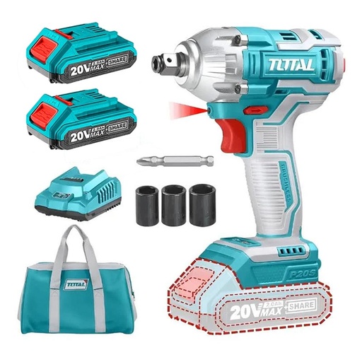 PISTOLA IMPACTO INALAMBRICA 1/2 20V INCLUYE 2 BATERIAS 1 CARGADOR COPAS DE 171921 Y PUNTA DESTORNILLADOR TOTAL(UTIWLI20208)