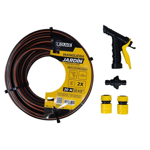 MANGUERA DE JARDIN UDUKE USO DOMESTICO-INDUSTRIAL X 20 METROS (FENIX-BICOLOR) ACOPLE RAPIDO Y PISTOLA