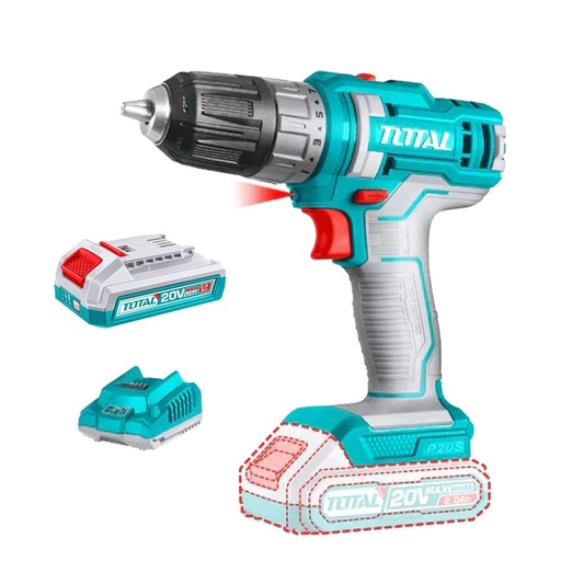 TALADRO INALAMBRICO 1/32/3/8" 20V INCLUYE 1 BATERIA 2.0Ah Y 1 CARGADOR INDUSTRIAL TOTAL(UTDLI200518)