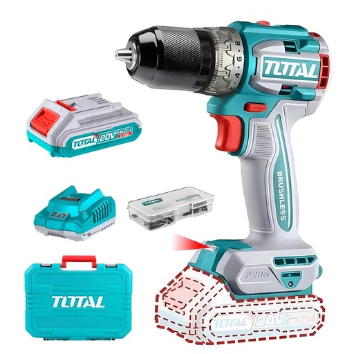 TALADRO ATORNILLADOR INALAMBRICO 1/2 20V 60NM INCLUYE 2 BATERIA DE 2.0AH, CARGADOR,47 ACCESORIOS TOTAL (UTDLI20602)