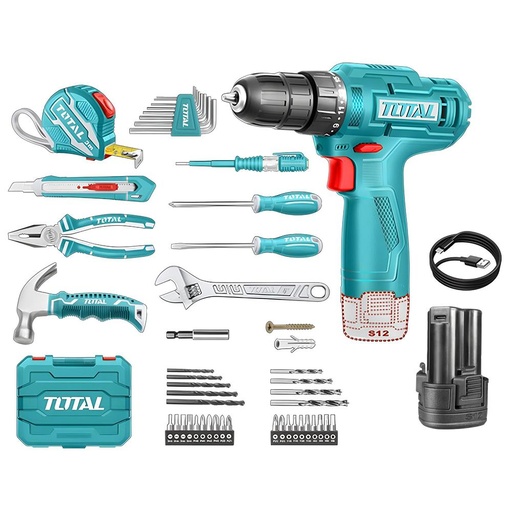 TALADRO INALAMBRICO 3/8 (10MM) + KIT DE HERRAMIENTAS 89 PZS TOTAL (THKTHP10892)
