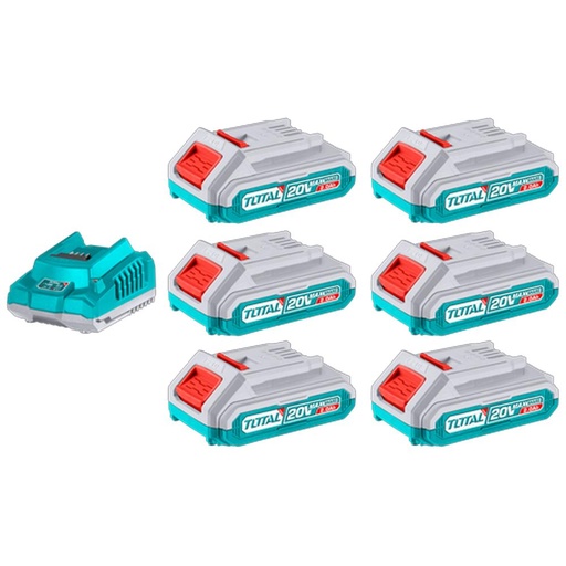 KIT DE 6 BATERIAS DE 20V (2.0 AH) + CARGADOR INDUSTRIAL TOTAL (UTFBCLI2062)