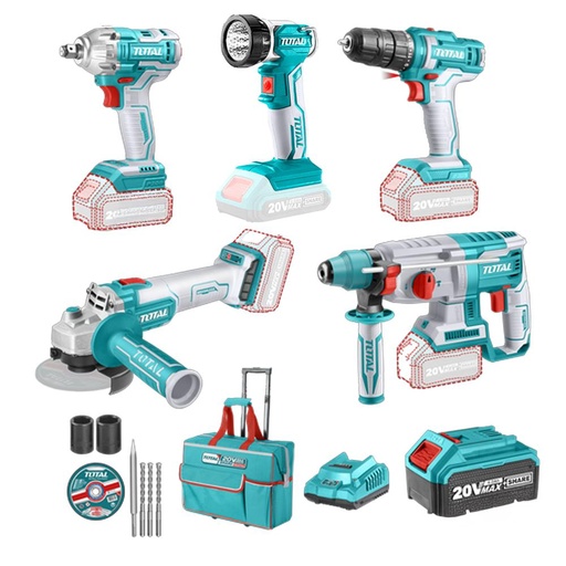 COMBO INALAMBRICO 20V X 5 PCS ROTOMARTILLO + PULIDORA + PISTOLA IMPACTO + TALADRO TOTAL (UTCKLI2019)