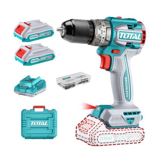 TALADRO DE IMPACTO INALAMBRICO 1/2 20V 60NM INCLUYE 2 BATERIA DE 2.0AH, CARGADOR,47 ACCESORIOS,3 BROCAS CONCRETO TOTAL (UTIDLI20602)