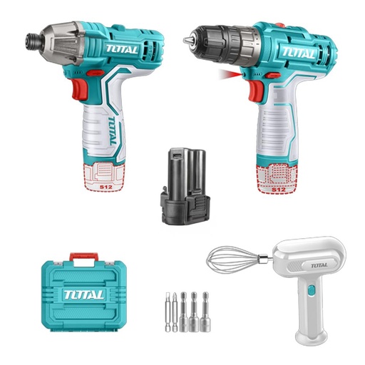 COMBO INALAMBRICO 12V ATORNILLADOR DE IMPACTO  + TALADRO 3/8"  INCLUYE 6 ACCESORIOS  + DOS BATERIAS 1.5AH + BATIDORA CARGADOR SE VENDE POR SEPARADO TOTAL (TOSLI240205)