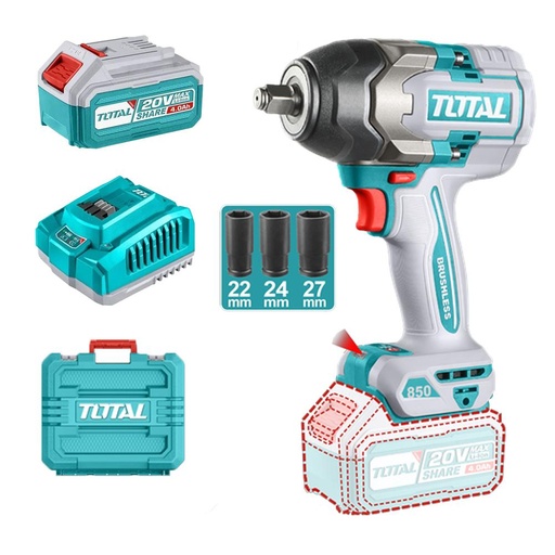 PISTOLA IMPACTO INALAMBRICA 1/2" 20V 850NM INCLUYE 2 BATERIAS 1 CARGADOR INDUSTRIAL SUPER TOTAL (UTIWLI2085)