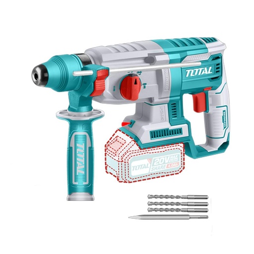 TALADRO INALAMBRICO ROTOMARTILLO 20V SDS PLUS 2.5 JULES  INCLUYE 3 BROCAS Y 1 CINCEL CARGADOR Y BATERIA NO INCLUIDO SUPER TOTAL (TRHLI20228)