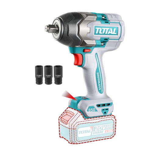 PISTOLA IMPACTO INALAMBRICA 1/2 20V 850NM BATERIA Y CARGADOR SE VENDEN POR SEPARADO SUPER TOTAL (TIWLI20851)