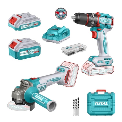 COMBO INALAMBRICO  TALADRO 1/2" 20V 66NM + PULIDORA 4 1/2" INCLUYE 1 BATERIA 20V(4.0AH), 1 BATERIA 20V(2.0AH) CARGADOR 20V, 10 DISCOS DE CORTE Y ACCESORIOS TOTAL (UTCKLI20273)