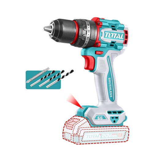 TALADRO PERCUTOR ATORNILLADOR INALAMBRICO 1/2 20V 66NM BATERIA Y CARGADOR SE VENDEN POR SEPARADO, INCLUYE 4 ACCESORIOS INDUSTRIAL SUPER TOTAL (TIDLI206681)