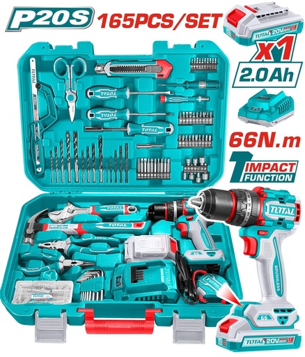 TALADRO INALAMBRICO 1/2 20V 66NM + BATERIA 20V + KIT DE HERRAMIENTAS 165 PZS TOTAL (UTHKTHP11652)