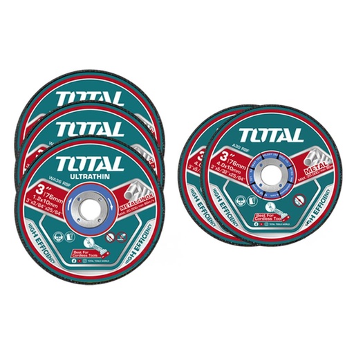 JUEGO DE DISCOS DE CORTE Y DESBASTE 3" X 5 PCS (3 DE CORTE Y 2 DE DESBASTE) SUPER TOTAL (TAC303768)