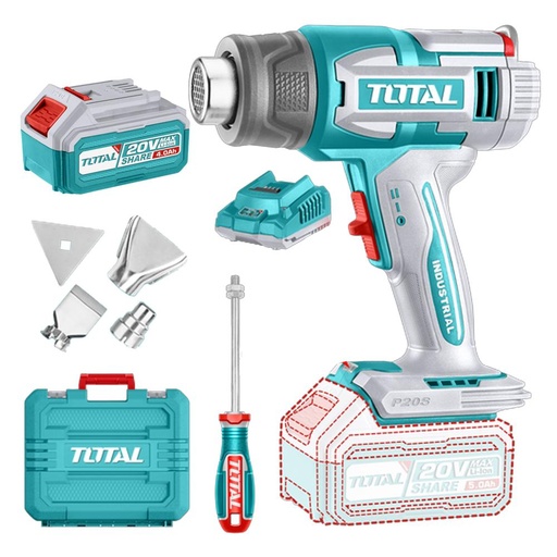 PISTOLA CALOR INALAMBRICA  20V CON TEMPERATURA AJUSTABLE PANTALLA LCD INCLUYE 4 BOQUILLAS 1 BATERIA 5.0AH Y 1 CARGADOR INDUSTRIAL SUPER TOTAL (UTBLI20035)