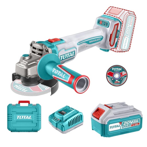 PULIDORA INALAMBRICA 4 1/2 INDUSTRIAL 20 V 1200W INCLUYE BATERIA 4.0 AH, CARGADOR Y 10 DISCOS, MOTOR SIN ESCOBILLAS INDUSTRIAL SUPER TOTAL (UTAGLI2211531A)
