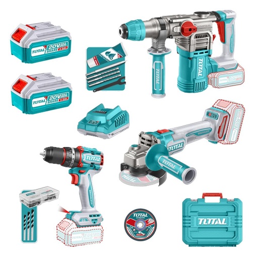COMBO INALAMBRICO 20V  X 3 PZS TALADRO ATORNILLADOR INALAMBRICO 1/2 66 NM +  PULIDORA INALAMBRICA 4 1/2 + TALADRO ROTOMARTILLO SDS PLUS  4.5 JULES  INLCUYE 2 BATERIAS 5.0AH , 1 CARGADOR , 10 DISCOS DE CORTE Y 47 ACCESORIOS INDUSTRIAL SUPER TOTAL (UTO