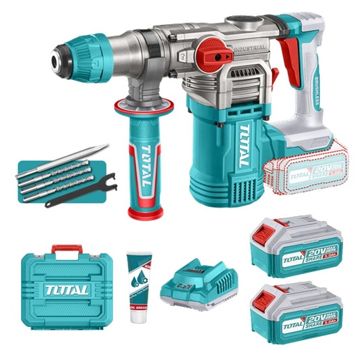 TALADRO INALAMBRICO ROTOMARTILLO SDS PLUS  4.5 JULES INCLUYE  2 BATERIAS 5.0 AH, 1 CARGADOR  Y ACCESORIOS INDUSTRIAL SUPER TOTAL (UTRHLI202885)