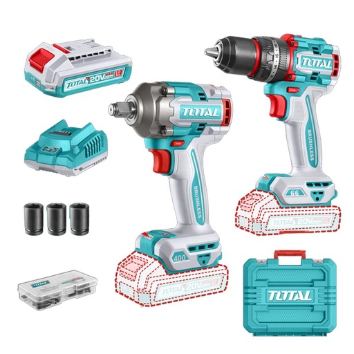 COMBO INALAMBRICO TALADRO 1/2" 66 NM + PISTOLA IMPACTO 1/2" 20V 400 N.M  INCLUYE 2 BATERIAS 2.0AH , 1 CARGADOR Y ACCESORIOS SUPER TOTAL (UTCKLI20275)