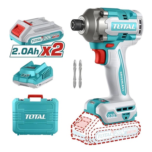 ATORNILLADOR DE IMPACTO INALAMBRICO 1/4 20V 230NM  INCLUYE 2 BATERIAS, 2 PUNTA TALADRO INDUSTRIA  SUPER TOTAL (UTIRLI2023)