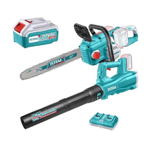 JUEGO DE MOTOSIERRA Y SOPLADORA INALAMBRICA 20V INCLUYE 2 BATERIAS 5,0 AH  Y CARGADOR DOBLE INDUSTRIAL SUPER  TOTAL (UTOSLI240463)