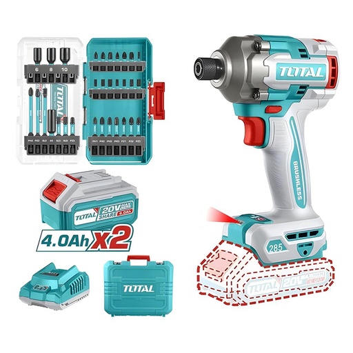 ATORNILLADOR DE IMPACTO INALAMBRICO 1/4 20V 285NM + JUEGO DE PUNTAS X 31 PZS INCLUYE 2 BATERIAS 4.0AH Y CARGADOR  INDUSTRIAL SUPER TOTAL (UTOSLI240966)