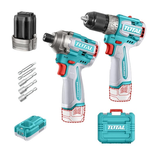 COMBO INALAMBRICO  16V TALADRO 1/2" 60NM + ATORNILLADOR DE IMPACTO 170NM INCLUYE 2 BATERIAS, 1 CARGADOR  COPA TORNILLO INDUSTRIAL SUPER TOTAL (UTOSLI240968)
