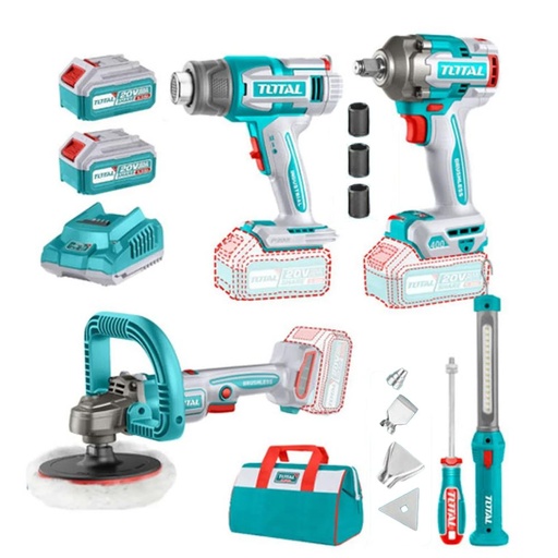 COMBO INALAMBRICO 20V POLICHADORA  7" + PISTOLA IMPACTO 1/2 400 NM + PISTOLA CALOR + LAMPARA DE TRABAJO  300 LUMENES INCLUYE 2 BATERIAS 5.0AH, 1 CARGADOR  Y  ACCESORIOS INDUSTRIAL SUPER TOTAL (UTOSLI241182)