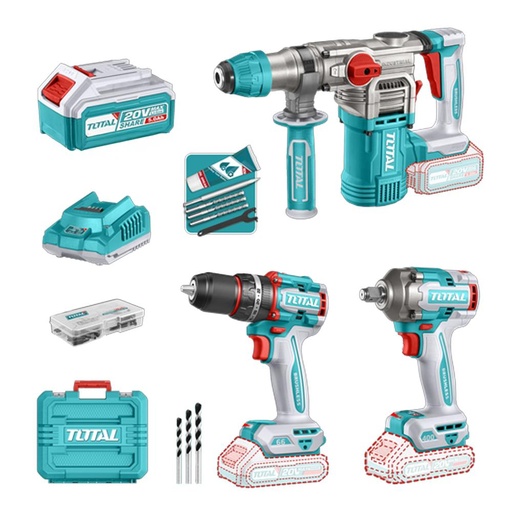COMBO INALAMBRICO 20V TALADRO ATORNILLADOR 1/2" 66 NM  + PISTOLA IMPACTO 1/2" 400 NM + TALADRO ROTOMARTILLO SDS PLUS 4.5 JULES INCLUYE 2 BATERIA 5.0AH ,1 CARGADOR Y ACCESORIOS INDUSTRIAL SUPER TOTAL (UTCKLI20638)