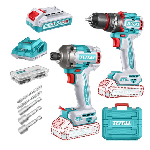 COMBO INALAMBRICO TALADRO 1/2" 66 NM + ATORNILLADOR DE IMPACTO 1/4" 20V 285 N.M INCLUYE 2 BATERIA 2.0AH , 1 CARGADOR Y ACCESORIOS INDUSTRIAL SUPER TOTAL (UTCKLI20277)