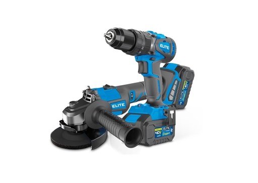 COMBO ELITE PULIDORA INALAMBRICA 4 1/2” - 5” + TALADRO PERCUTOR INALAMBRICO SIN ESCOBILLAS DE 1/2” INCLUYE 1 BATERIAS 2.0 AH - 40V + 1 BATERIA 4.0 AH - 40V +1 CARGADOR (KIT2SB40)
