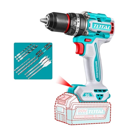 TALADRO INALAMBRICO 1/2 20V 96NM INCLUYE 11 PUNTA ACCESPRIOS BATERIA Y CARGADOR SE VENDE POR SEPARADO INDUSTRIAL SUPER TOTAL (TIDLI209681)