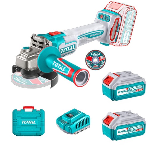 PULIDORA INALAMBRICA 4 1/2 INDUSTRIAL 20V 1000W INCLUYE 10 DISCOS PARA CORTE DE METAL 2  BATERIAS 4.0 AH Y CARGADOR , MOTOR SIN ESCOBILLAS  INDUSTRIAL SUPER TOTAL (UTAGLI271532)