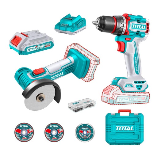 COMBO INALAMBRICO 20V X 2 PZS TALADRO 1/2  66 NM + MINI PULIDORA 3" INCLUYE 2 BATERIAS  2.0 AH + CARGADOR  + 7 DISCOS Y 47 ACCESORIOS INDUSTRIAL SUPER TOTAL (UTCKLI20766)
