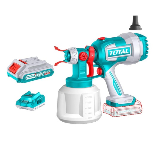 PISTOLA PINTAR INALAMBRICA 800ML 20V INCLUYE BATERIA 20V, CARGADOR, AGUJA DE LIMPIEZA Y DOS BOQUILLAS, TOTAL (UTSGLI20042)