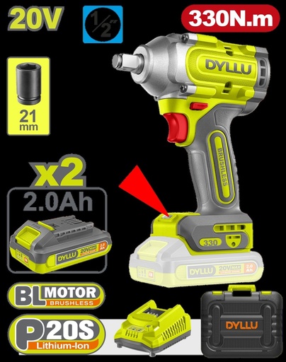 PISTOLA IMPACTO INALAMBRICA 1/2 20V 330NM INCLUYE 2 BATERIAS 2.0AH 1 CARGADOR  DYLLU (UDTCD1B33)