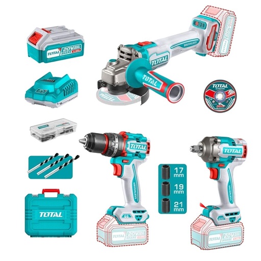 COMBO INALAMBRICO 20V TALADRO 1/2"  66 NM + PULIDORA 4 1/2" 1000W + PISTOLA IMPACTO  1/2 400 NM INCLUYE 2 BATERIA 20V(4.0AH),CARGADOR , 10 DISCOS DE CORTE Y ACCESORIOS INDUSTRIAL TOTAL (UTOSLI241291)