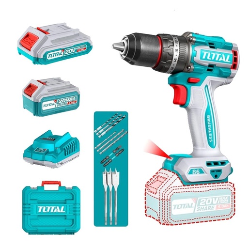 TALADRO INALAMBRICO PERCUTOR 1/2" 86NM 20V CAJA PLASTICA INCLUYE 1 BATERIA 2.0 AH, 1 BATERIA 4,0 AH , CARGADOR Y ACCESORIOS INDUSTRIAL SUPER TOTA L (UTIDLI20868)