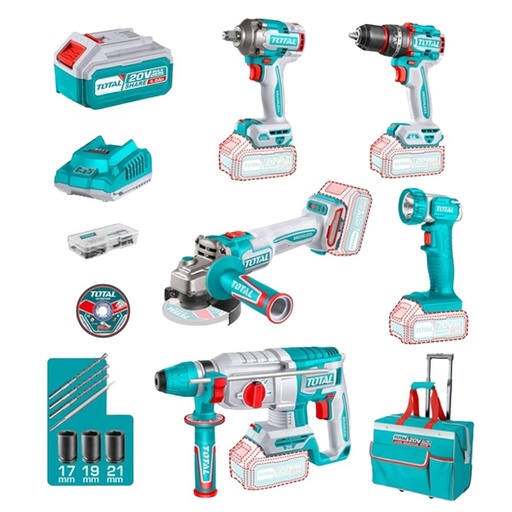COMBO INALAMBRICO 20V TALADRO PERCUTOR ATORNILLADOR 1/2 66 NM + PISTOLA IMPACTO 1/2 20V 400 NM + TALADRO ROTOMARTILLO 1" 2.5JULES + PULIDORA 4 1/2 + LAMPARA DE TRABAJO 270LM INCLUYE 2 BATERIAS 4.0 AH , CARGADOR Y ACCESORIOS INDUSTRIAL SUPER TOTAL (UT
