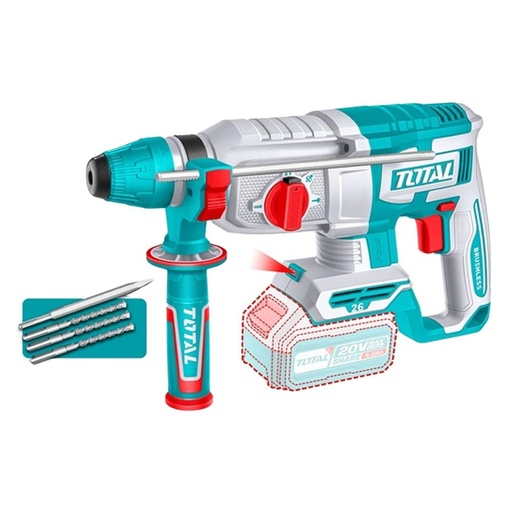 TALADRO INALAMBRICO ROTOMARTILLO 1" 20V SDS PLUS 2,5 JULES  INCLUYE 3 BROCAS Y 1 CINCEL CARGADOR Y BATERIA NO INCLUIDO INDUSTRIAL TOTAL (TRHLI20268)