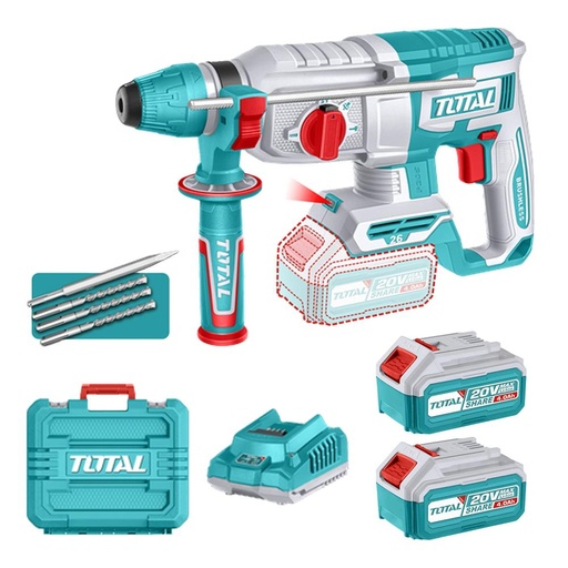 TALADRO INALAMBRICO ROTOMARTILLO 1" 20V SDS PLUS 2.5 JULES  INCLUYE 3 BROCAS , 1 CINCEL CARGADOR  Y BATERIA  INDUSTRIAL TOTAL (UTRHLI202682)