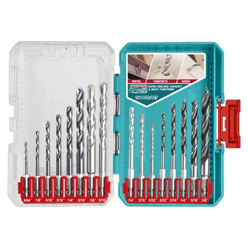 JUEGO DE BROCAS X 16 PZS PARA MURO, MADERA Y LAMINA CON VASTAGO EXAGONAL  INDUSTRIAL TOTAL (UTACSDL11608)
