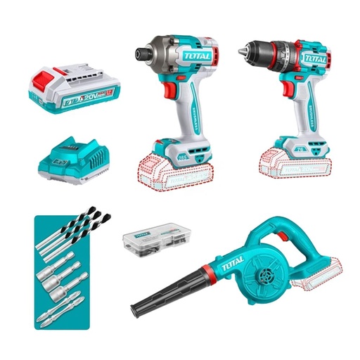COMBO INALAMBRICO  20 V ATORNILLADOR DE IMPACTO 1/4" 285NM + TALADRO PERCUTOR 1/2" 76NM + SOPLADORA INCLUYE 2 BATERIAS 2.0AH, CARGADOR Y ACCESORIOS INDUSTRIAL TOTAL (UTOSLI250182)