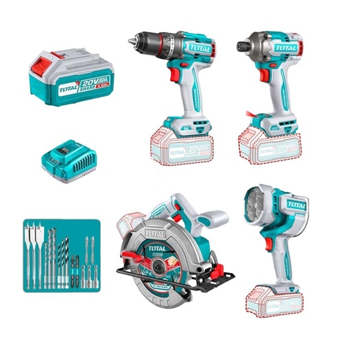 COMBO INALAMBRICO  20V   TALADRO PERCUTOR 96NM + ATORNILLADOR DE IMPACTOR 1/2" 285NM + SIERRA CIRCULAR 7-1/4" + LAMPARA DE TRABAJO 2000LM + 2 BATERIAS 4.0AH + CARGADOR  INCLUYE ACCESORIOS INDUSTRIAL TOTAL (UTOSLI241297)