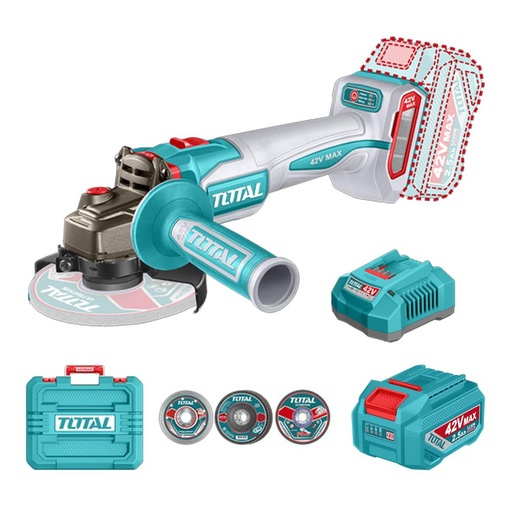 PULIDORA INALAMBRICA 4 1/2 INDUSTRIAL 42V 1280W INCLUYE DISCOS  2 BATERIAS 2.0 AH Y CARGADOR , MOTOR SIN ESCOBILLAS  INDUSTRIAL SUPER TOTAL (UTAGLI4128112)