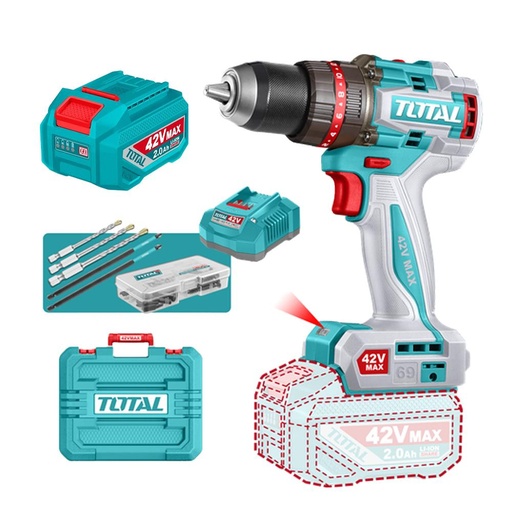 TALADRO INALAMBRICO PERCUTOR 1/2" 69NM 42V CAJA PLASTICA INCLUYE 1  BATERIA 42V, 1 CARGADOR Y ACCESORIOS INDUSTRIAL SUPER TOTAL (UTIDLI426981)