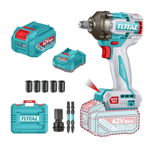 PISTOLA IMPACTO INALAMBRICA 1/2" 42V 460NM CAJA PLASTICA INCLUYE 1 BATERIA, 1 CARGADOR Y ACCESORIOS SUPER TOTAL INDUSTRIAL (UTIWLI42461)